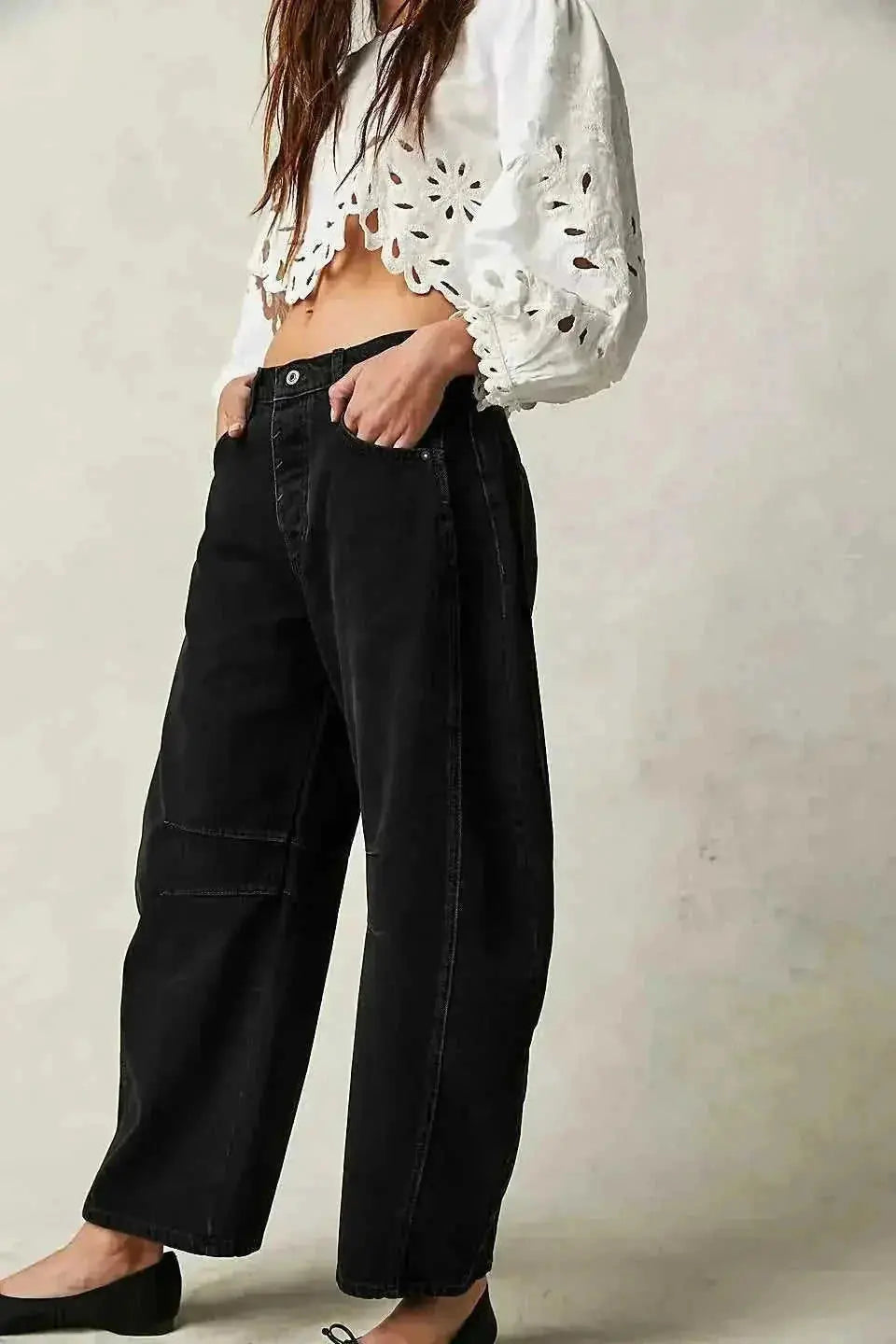 low-waist wide-leg pants | washed denim fabric | high-rise casual trousers | ultrasonic cleaning