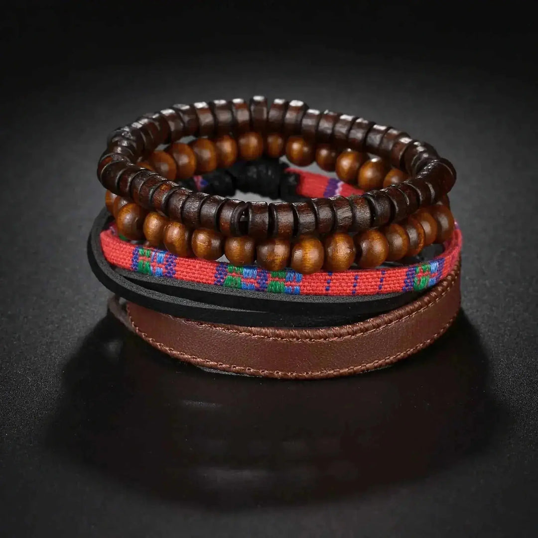 braided leather bracelet | vintage charm wristband | wood bead bracelet for men | energy saving