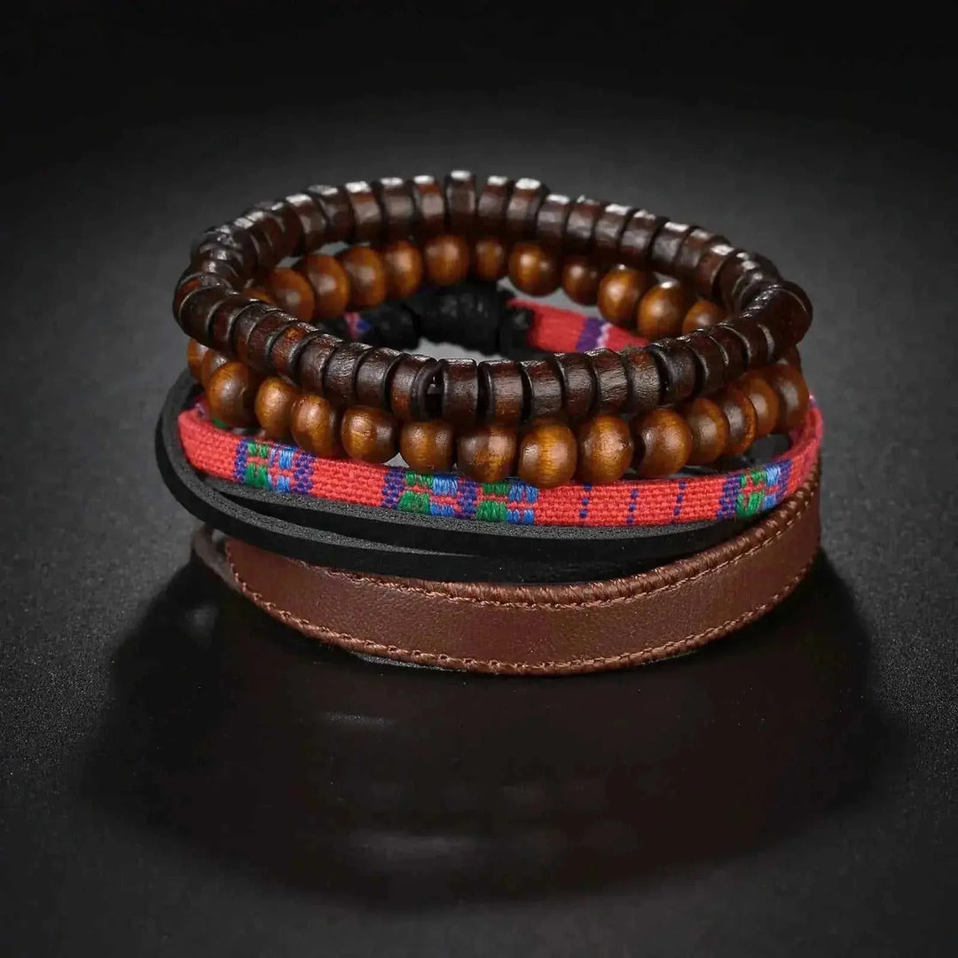 braided leather bracelet | vintage charm wristband | wood bead bracelet for men | energy saving