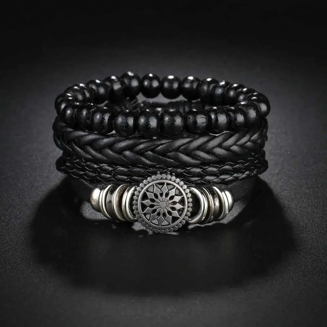 braided leather bracelet for men | vintage charm wood beads | adjustable wrap wristband | ultrasonic cleaning