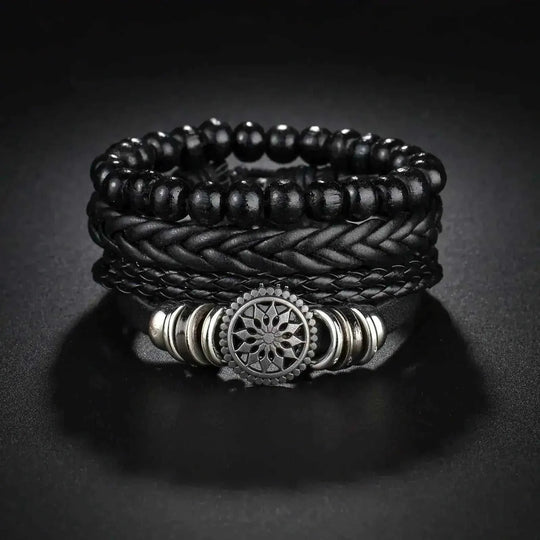 braided leather bracelet for men | vintage charm wood beads | adjustable wrap wristband | ultrasonic cleaning