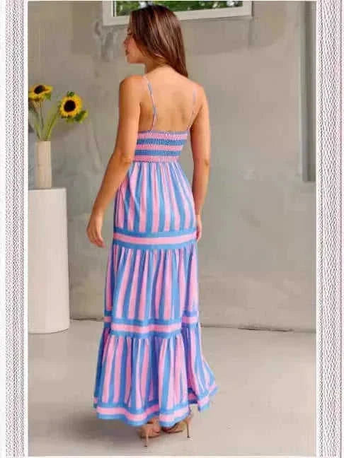 striped maxi dress with pockets | square neck backless dress | lightweight cotton blend dress | energy saving