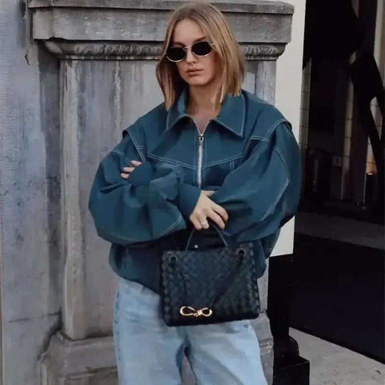 Loose Fashion Lapel Zip-up Jacket Cool Long Sleeve Zipper Closure Moto Biker Leather Jacket Womens Clothing Meifu Market