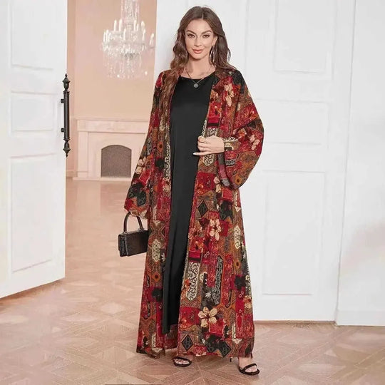 Middle East Dress Shawl Arabic Drop-shoulder Sleeve Printed Robe Black Apricot - size and dimension reference