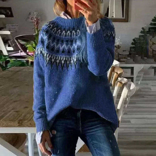 Round Neck Pullover Jacquard Vintage Print Sweater Meifu Market