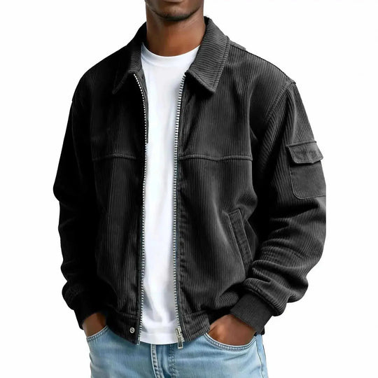 Men's Retro Corduroy Jacket - Casual Long Sleeve Pocket Coat Navy Blue - available style options
