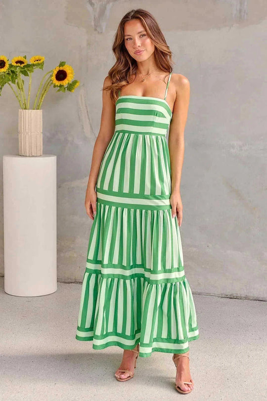striped maxi dress with pockets | square neck backless dress | lightweight cotton blend dress | ultrasonic cleaning