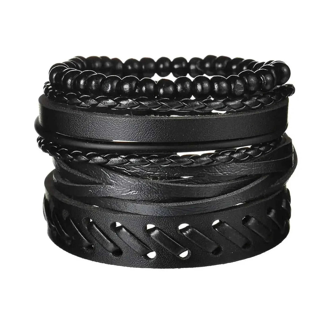 braided leather bracelet for men | vintage charm wood beads | adjustable wrap wristband | energy saving