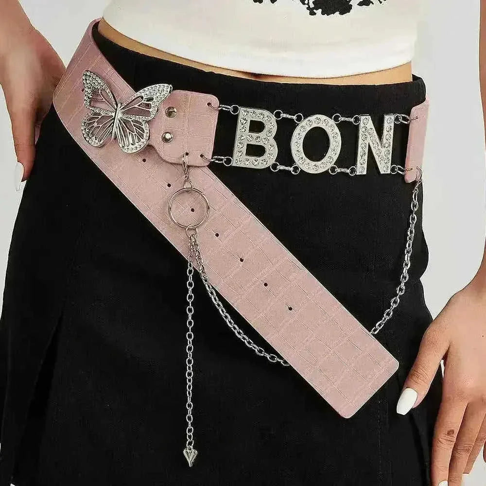American Retro Decoration Butterfly Drill Buckle Personality Belt - view 7 (material: leather | color: pink | pattern:...