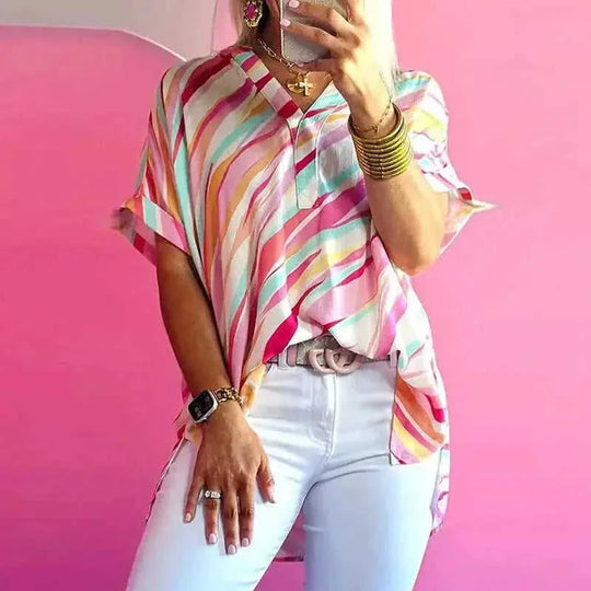 color blocking half sleeve top | polyester cotton blend | breathable fabric | energy saving