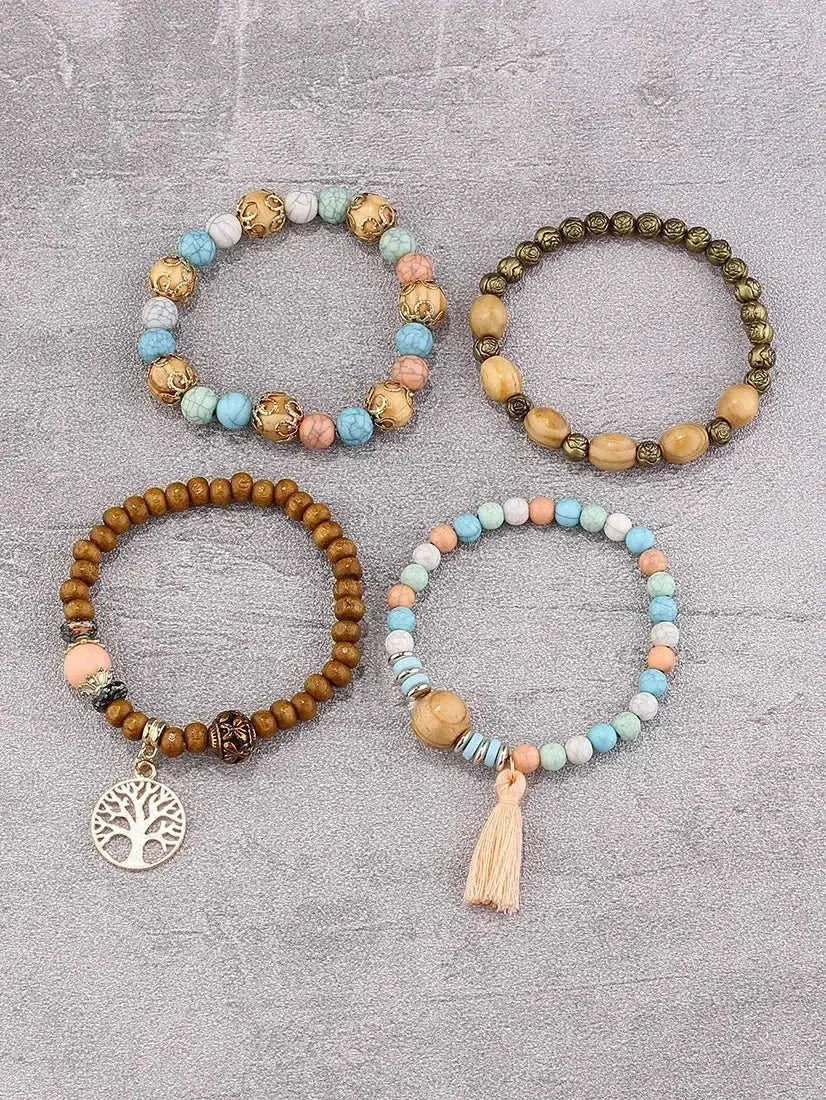 elastic bangle bracelet set | wooden beads jewelry | adjustable tree of life bracelet | ultrasonic cleaning