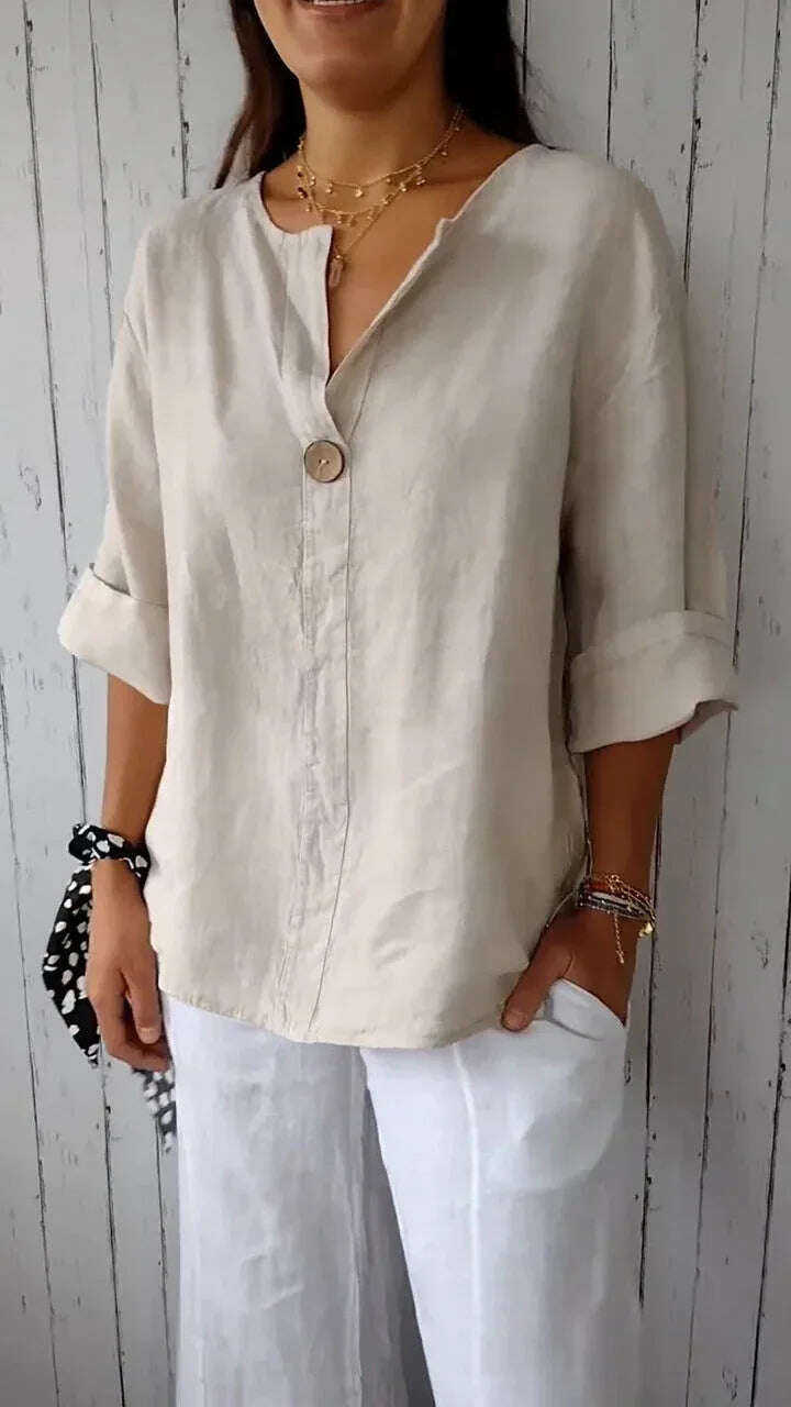 V-neck Long-sleeved T-shirt Fashion Loose Cotton And Linen Button Tops For Women Meifu Market