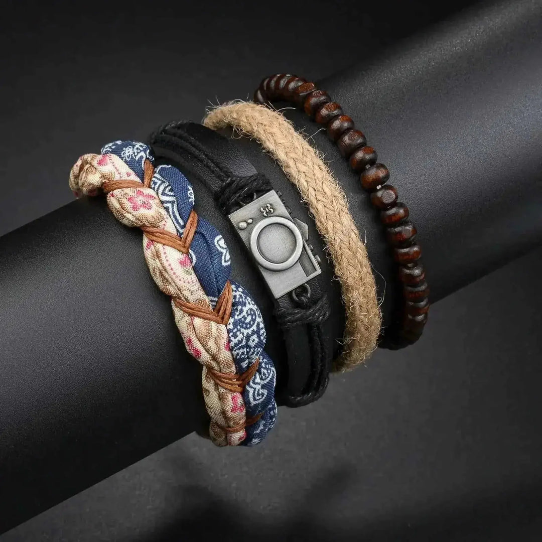 braided leather bracelet for men | vintage charm wood beads | adjustable wrap wristband | ultrasonic cleaning