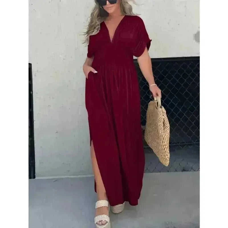 batwing sleeve dress | v-neck summer dress | elastic waist long dress | ultrasonic cleaning