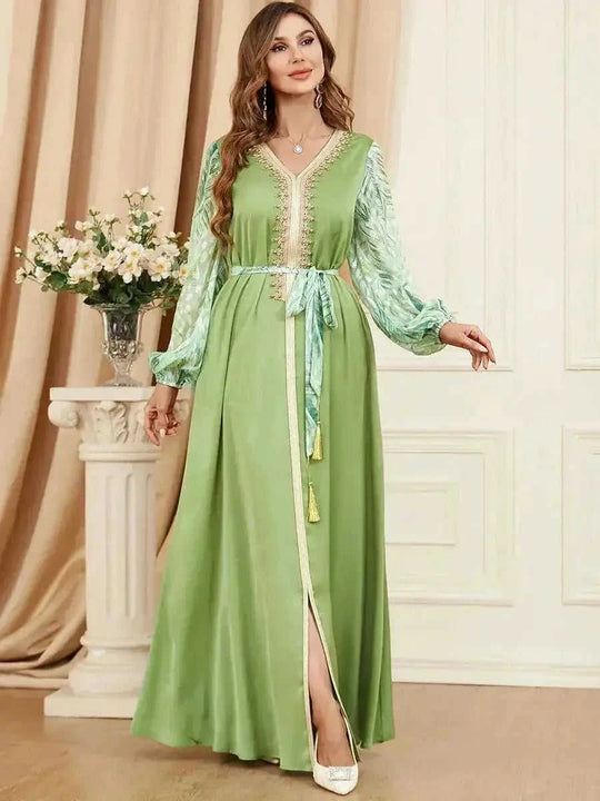 patchwork embroidery dress | long sleeve maxi dress | puff sleeve arabic dress | energy saving