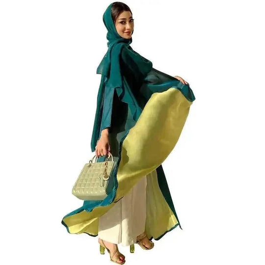 chiffon abaya dress | long sleeve color block robe | lightweight chiffon fabric | ultrasonic cleaning