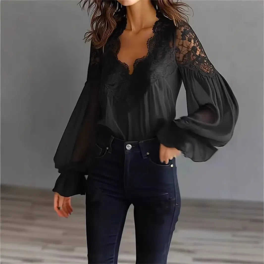 Women's Lace-Panel Puff-Sleeve Pleated Shirt - Meifu Market