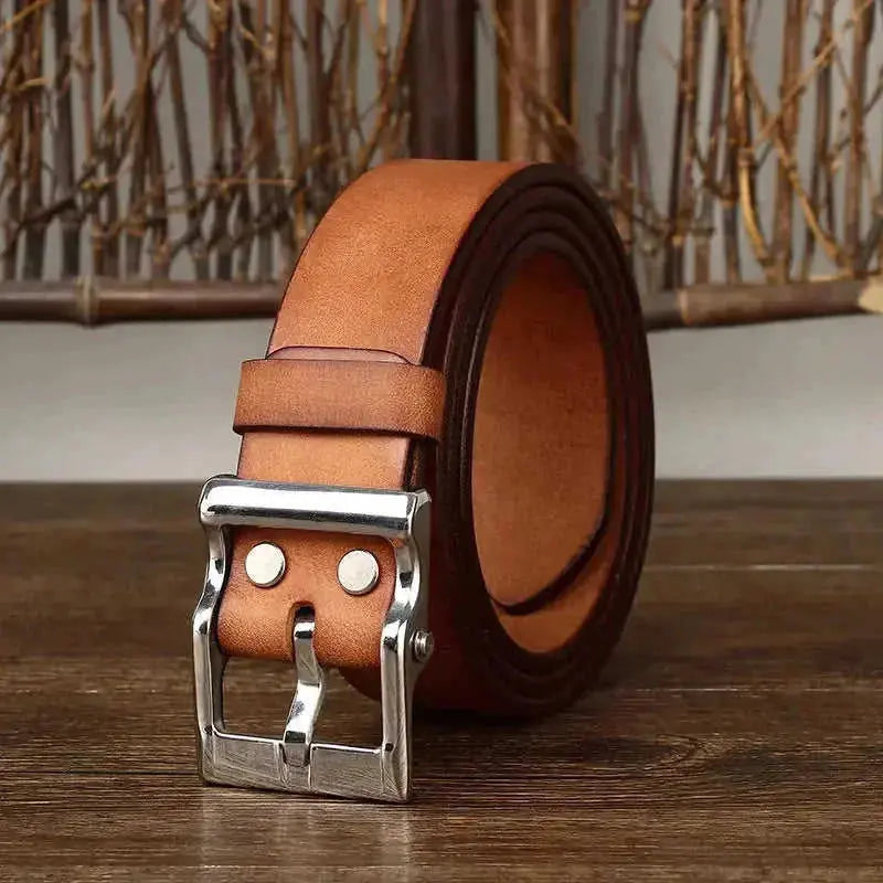 Men's Retro Leather All-match First Layer Cowhide Stainless Steel Buckle Belt 110cm - men's retro leather all-match first ...