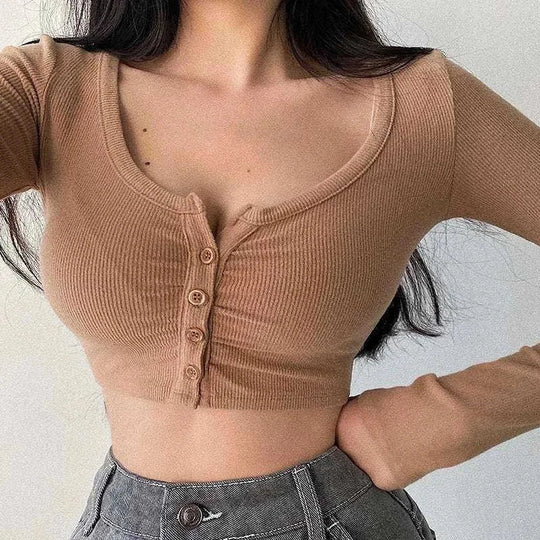 stretchable crop top | slim-fit long sleeve tee | breathable cotton fabric | ultrasonic cleaning