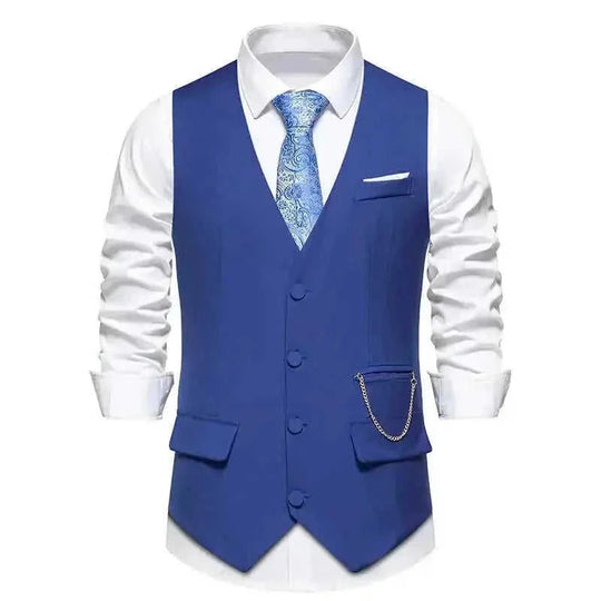 New Men's Solid Color Suit V-neck Single Breasted Chain Vest Navy Blue - new men's solid color suit two-piece set notched ...