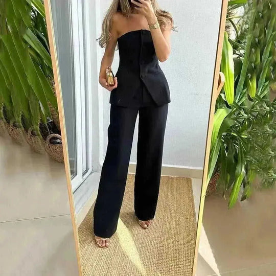 tube top and pants set | polyester spandex fabric | sleeveless button down top | ultrasonic cleaning