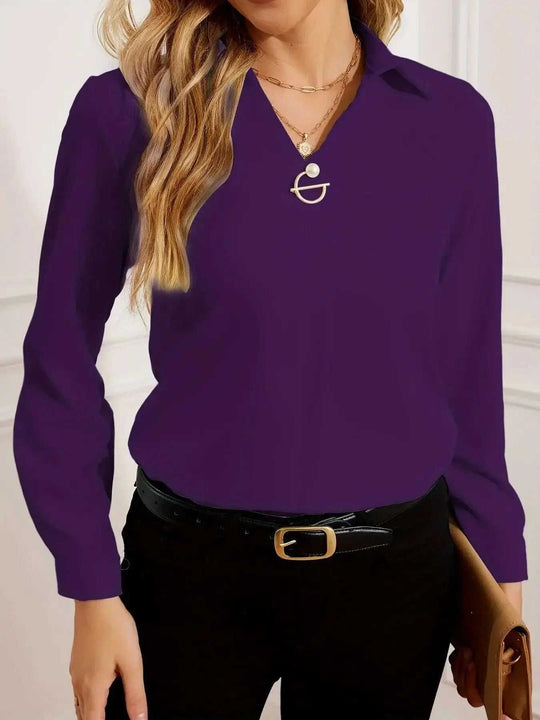 Commuter V-neck Long-sleeved Shirts Ins Fashion Solid Color Pullover Top Autumn And Spring Women's Clothing Meifu Market