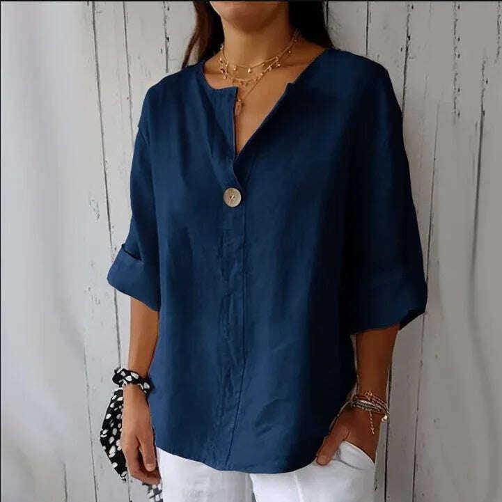 V-neck Long-sleeved T-shirt Fashion Loose Cotton And Linen Button Tops For Women Meifu Market
