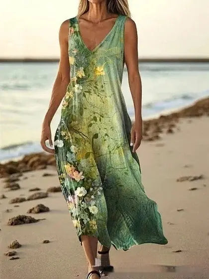 3D Floral Print Off-Shoulder A-Line Maxi Dress - Women's Floor-Length - side view (material: polyester, denim | color:...