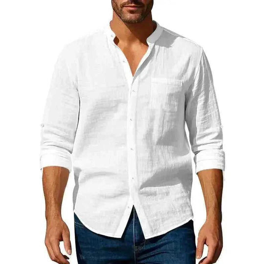 long sleeve stand collar shirt | mens casual shirt with pockets | cotton linen blend shirt | energy saving