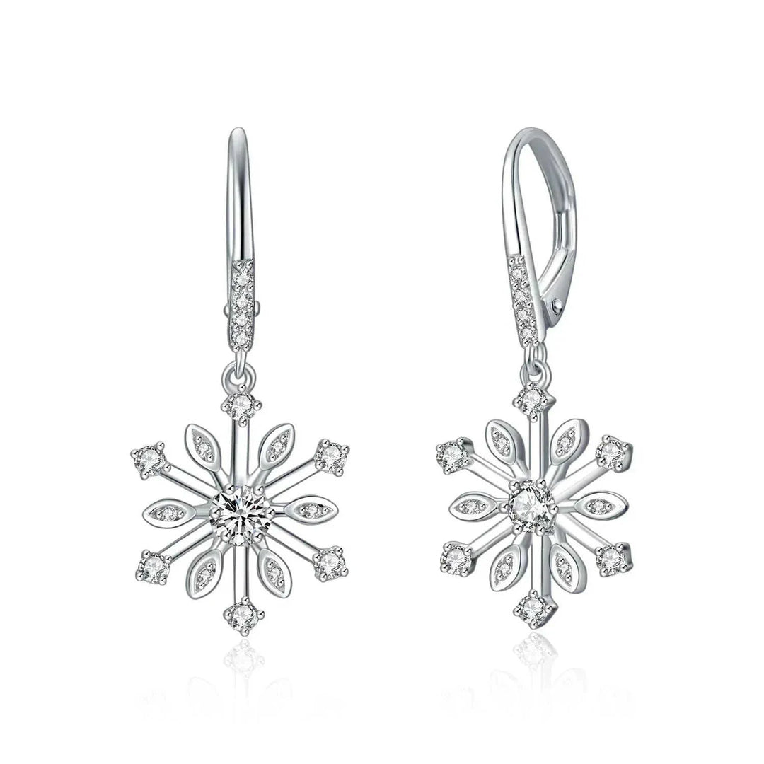 sterling silver leverback earrings | zirconia snowflake dangle earrings | hypoallergenic silver jewelry | energy saving