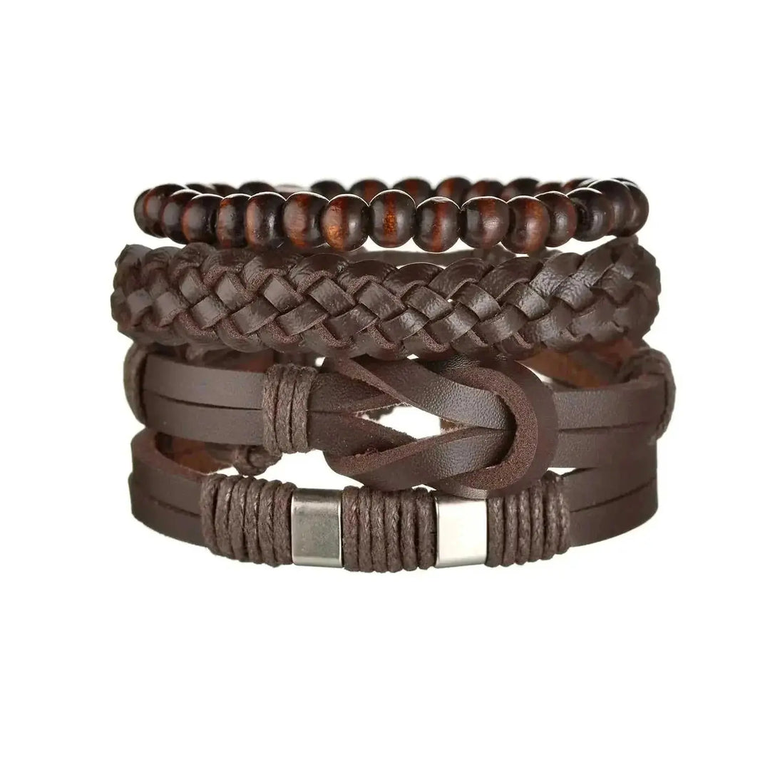 braided leather bracelet for men | vintage charm wood beads | adjustable wrap wristband | energy saving