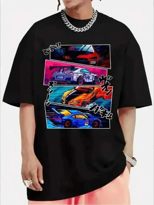 Men Street Style T-shirt, Short-sleeved T-shirt, Summer Outdoor Sports Car Print T-shirt Black - front view 5
