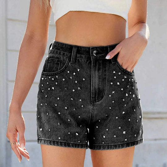 stretch denim fabric | high-waisted shorts | mid-thigh length | energy saving