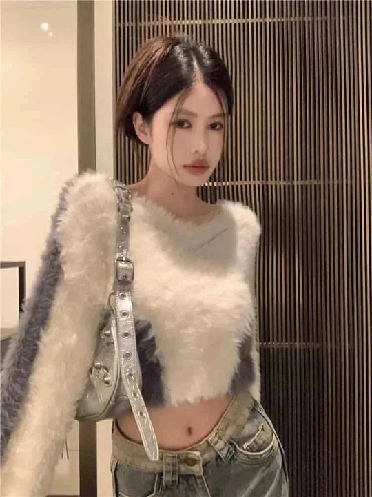 mink fur blend sweater | v-neck short sleeve top | soft acrylic knitwear | energy saving