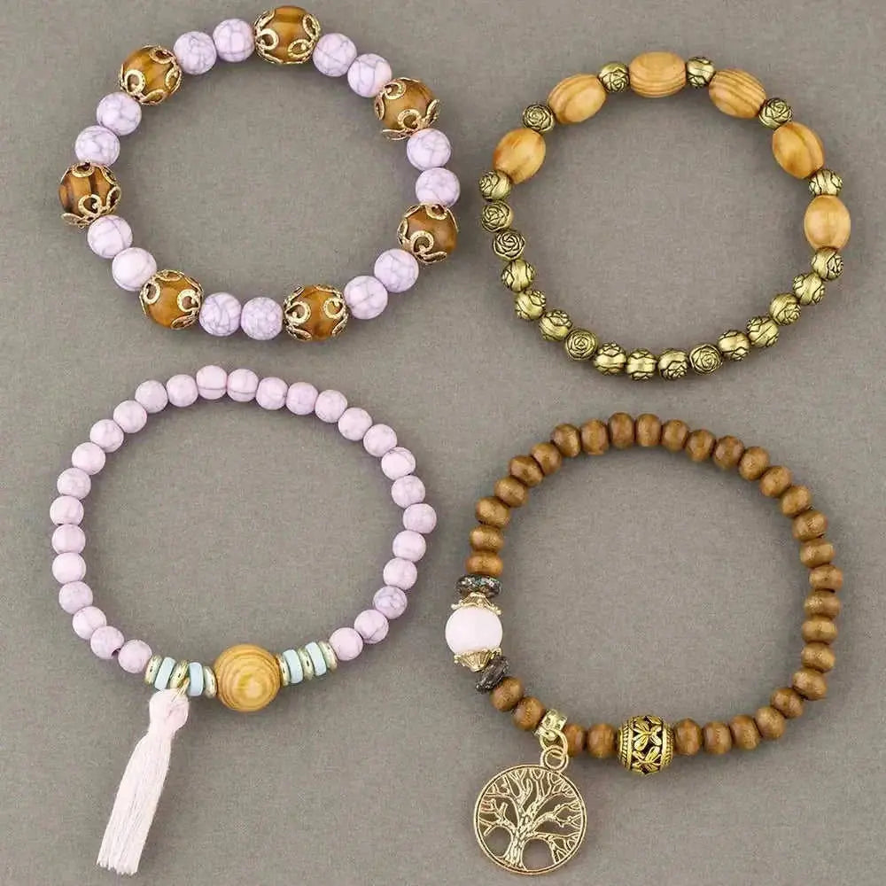 elastic bangle bracelet set | wooden beads jewelry | adjustable tree of life bracelet | energy saving