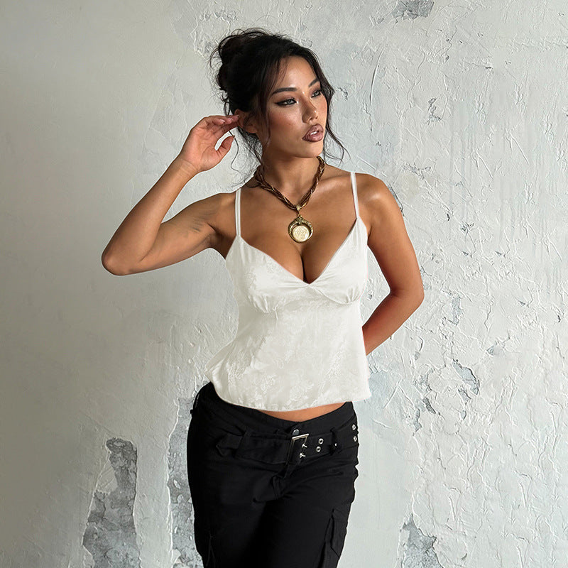 Satin Jacquard Slip V-Neck Loose Top Womens