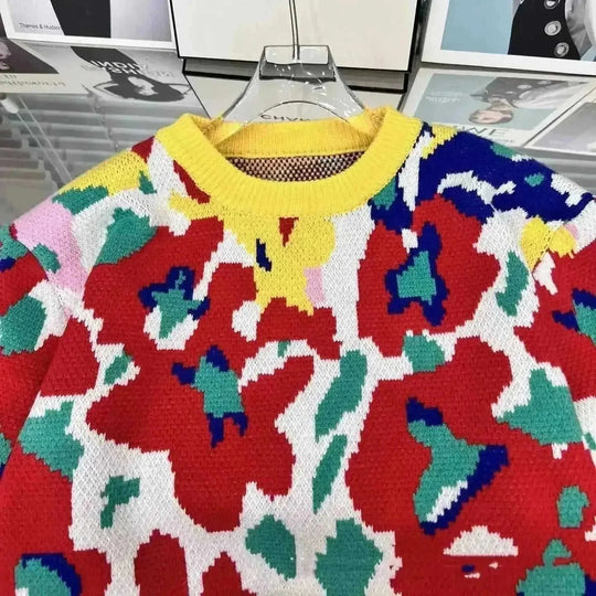 Autumn Floral Printed Knitted Pullover Women's Sweater Top - Meifu Market