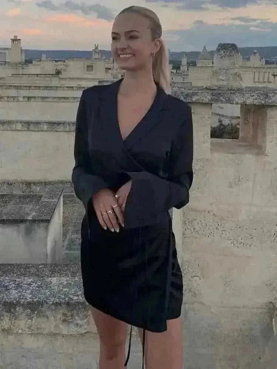 lace trim neck shirt dress | flare sleeve midi dress | spring women office dress | energy saving
