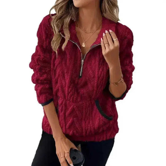 Contrast Color Half-open Collar Plush Women's Sweater Meifu Market