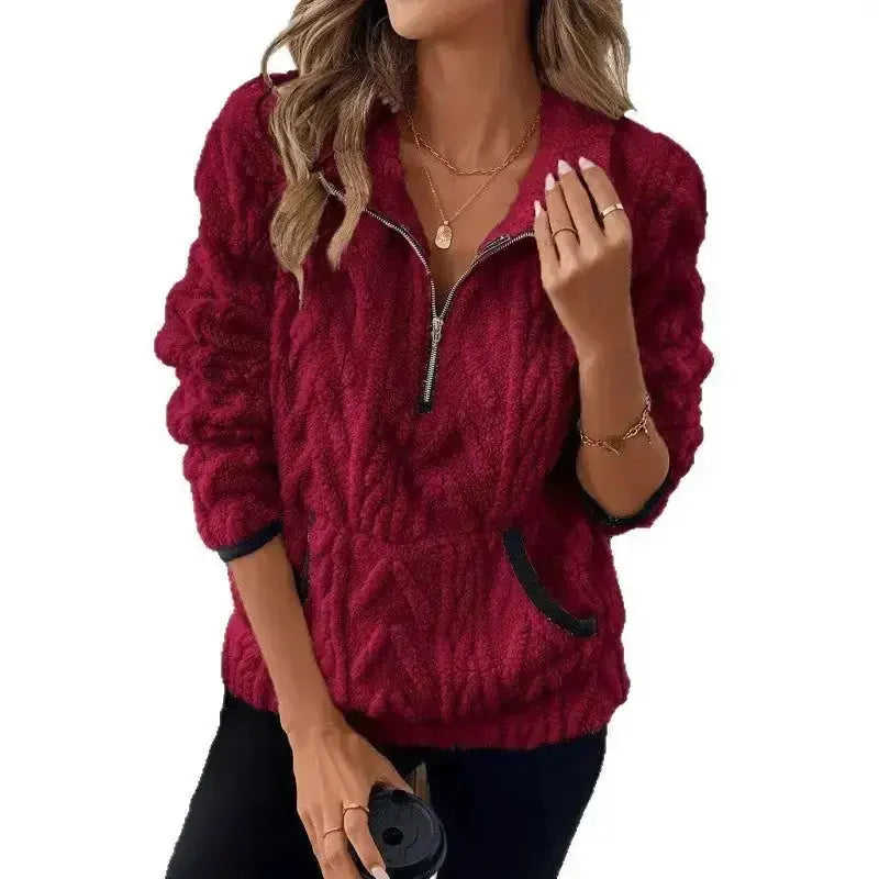 Contrast Color Half-open Collar Plush Women's Sweater Meifu Market