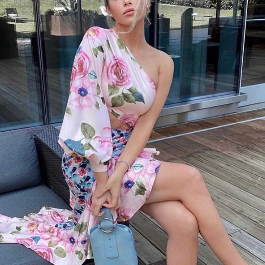 Women's Long Dress Asymmetric Tube Top Single Sleeve Waist-tight Floral Stitching Meifu Market