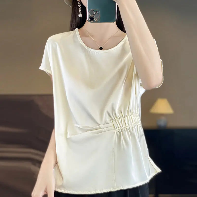 Crew-neck Simple All-match Drawstring Short-length Short-sleeve T-shirt M - texture and material detail