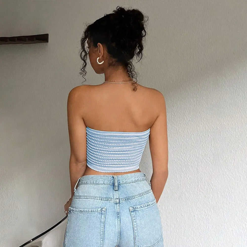 Blue And White Striped Strapless Sleeveless Off-shoulder Cropped Tank Top L - side view showing details