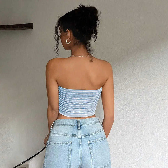 Blue And White Striped Strapless Sleeveless Off-shoulder Cropped Tank Top L - side view showing details