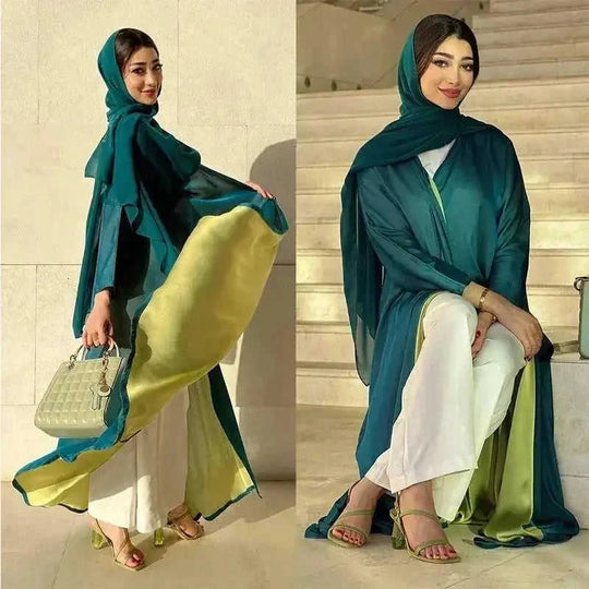 chiffon abaya dress | long sleeve color block robe | lightweight chiffon fabric | ultrasonic cleaning
