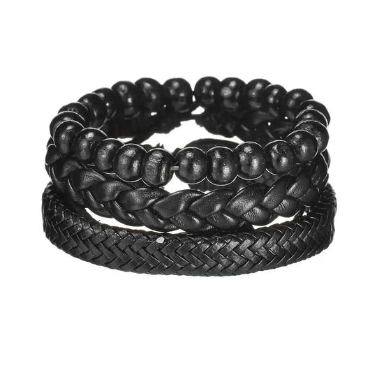 braided leather bracelet for men | vintage charm wood beads | adjustable wrap wristband | energy saving
