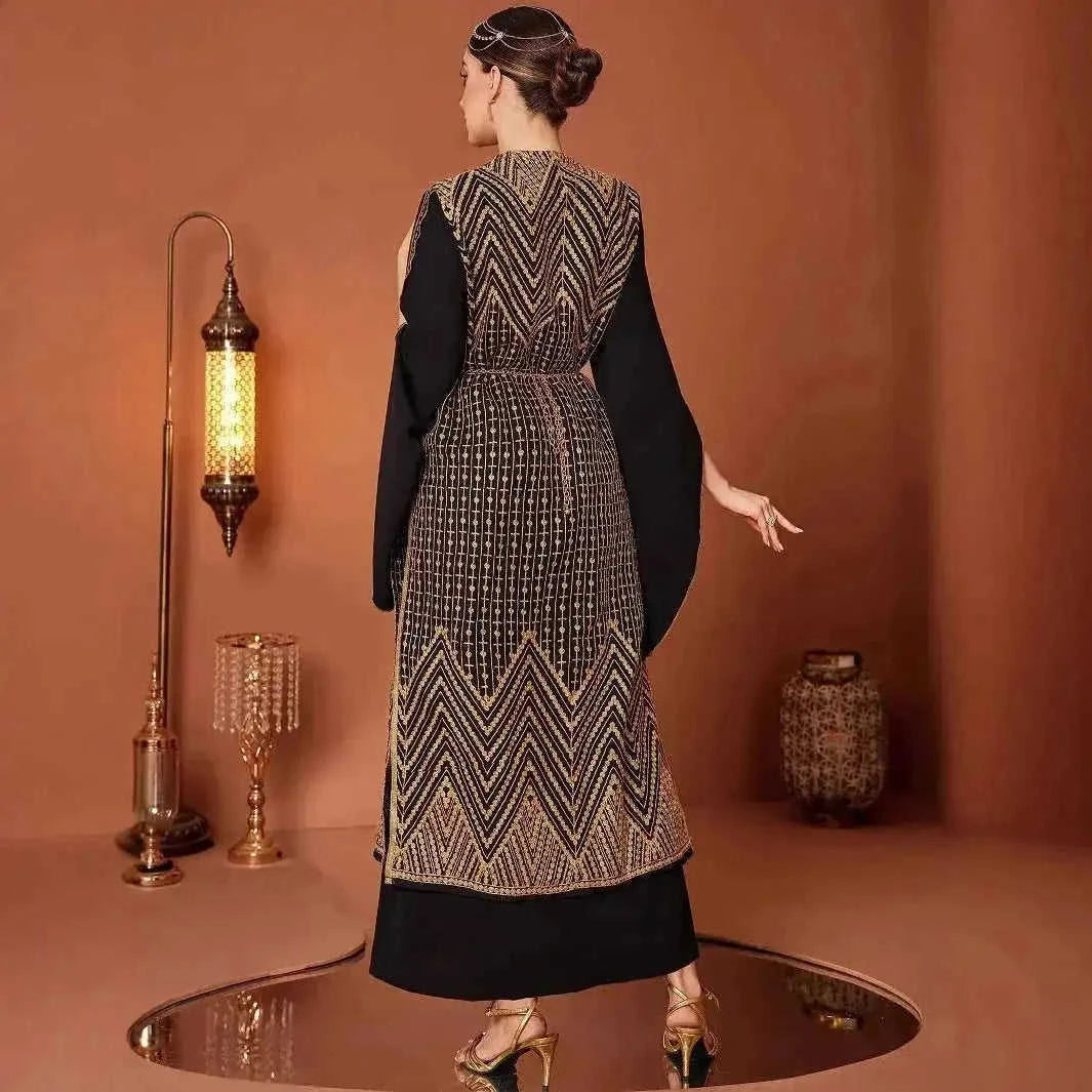 vintage gold embroidery robe | black abaya with embroidery | two piece prayer dress set | ultrasonic cleaning