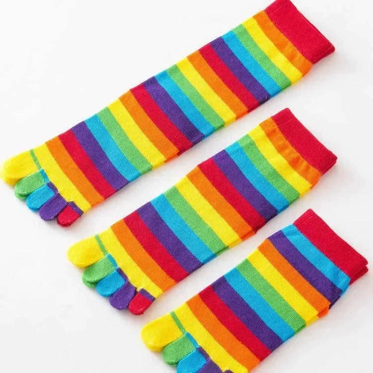 five-toe socks for women | breathable cotton blend material | rainbow striped ankle socks | energy saving