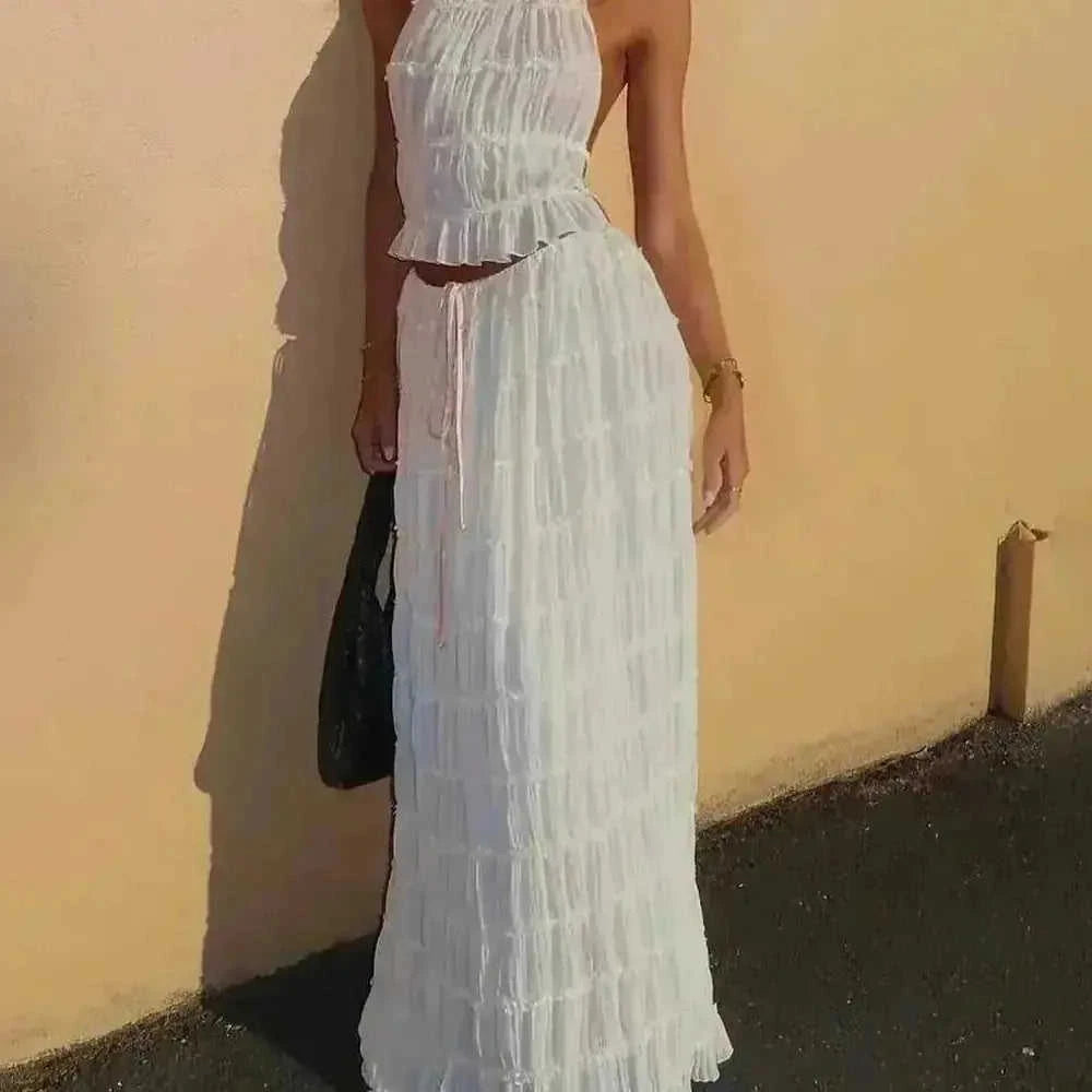 2pcs Women's Dress Suit Sexy Sleeveless Backless Cropped Halter Top And Pleated Long Skirt Beach Clothing - view 14...