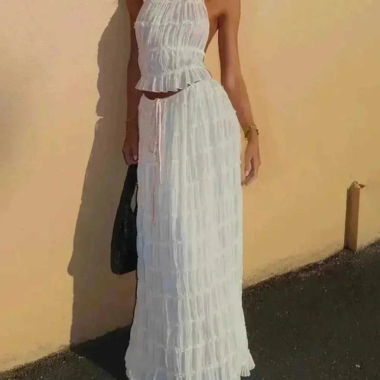 2pcs Women's Dress Suit Sexy Sleeveless Backless Cropped Halter Top And Pleated Long Skirt Beach Clothing - view 14...